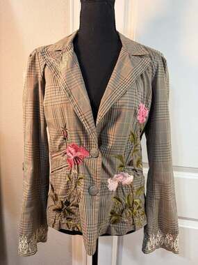 3J Workshop The Rachel Jacket Plaid Floral Embroidered Blazer Size M